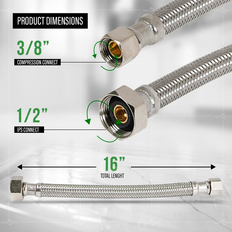 Highcraft CNCT27116-OM-2 Braided Faucet Connector 16" Long, 1/2" IPS Brass Nut X 3/8 Female Fitting, Stainless Steel Lead-Free, 2 Pack - Image 3